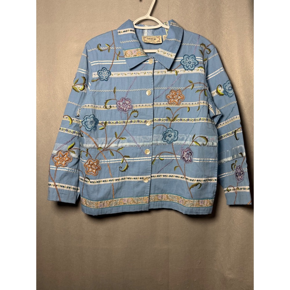 Tantrums Vintage Blue Floral Embroidered Cotton Jacket Ribbon Trim Womens Medium